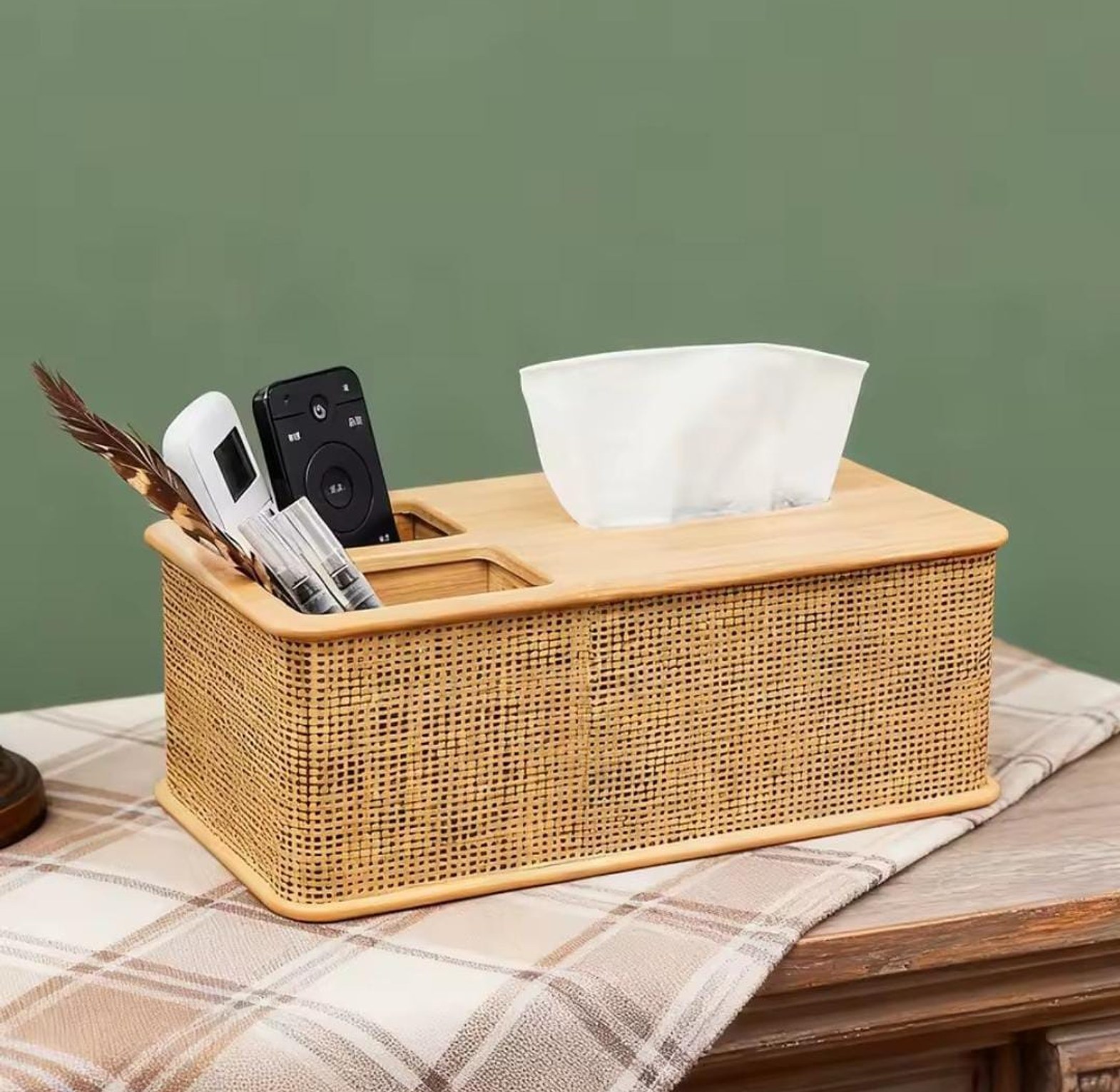 Bamboo Tissue Box & Remote Organizer, Multifunctional Desk Storage Tray for Living Room & Office image