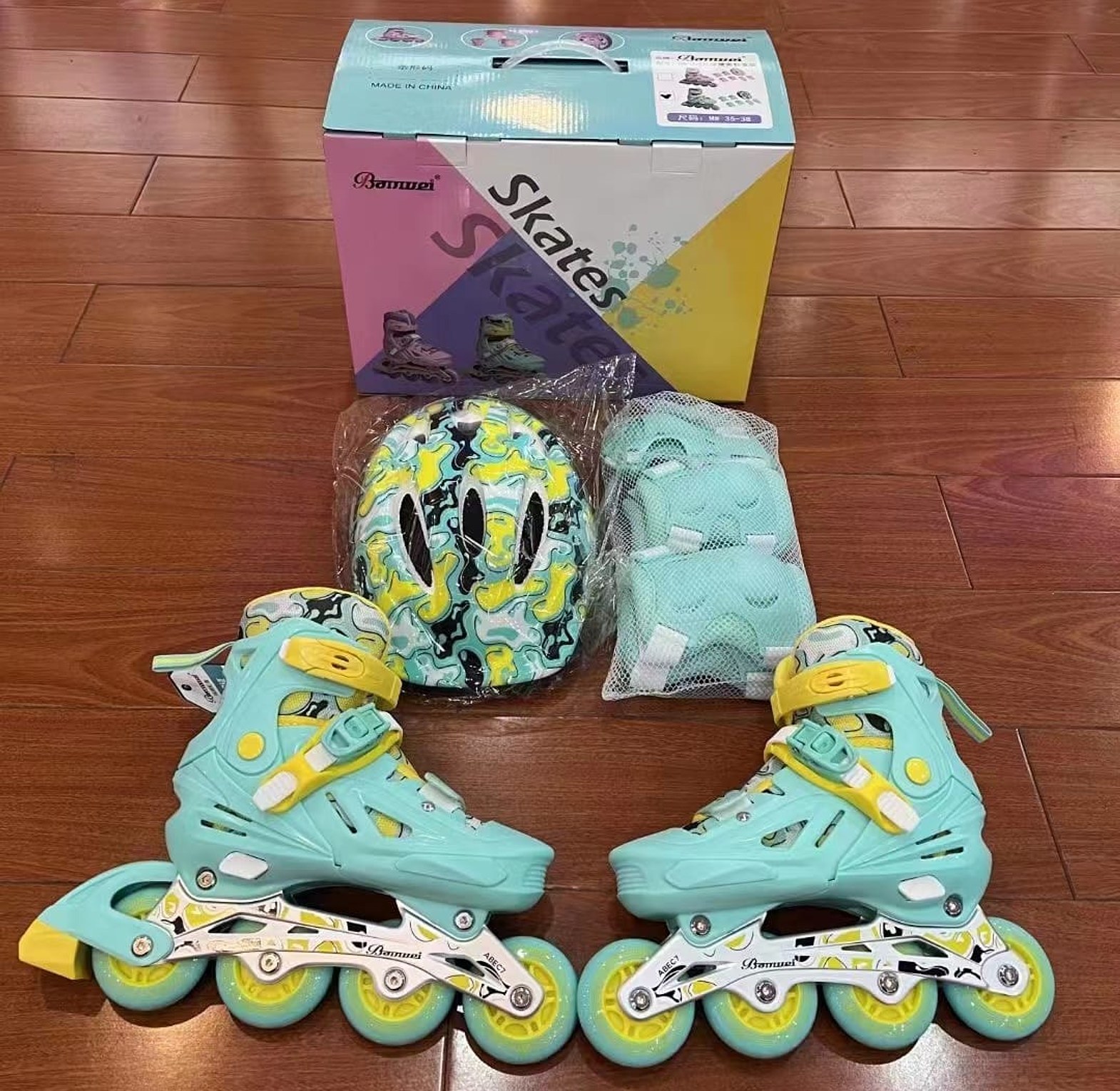 Skates Shoes Full Set. Inline skates with accompanying protective gear, including a helmet and knee/elbow pads/Gloves. Size 31 to size 42 image