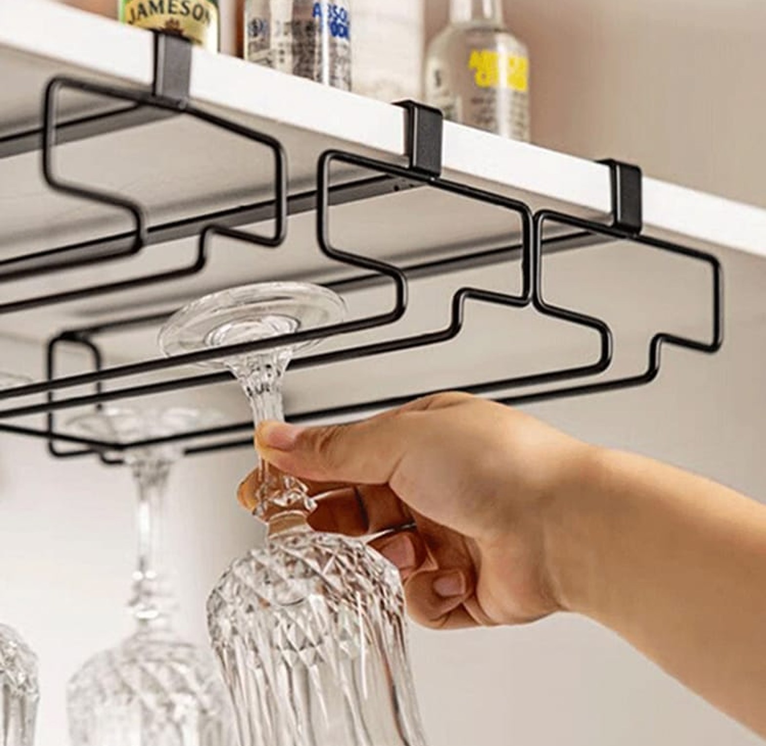 Non perforated inverted iron hanging high footed red wine cup holder image