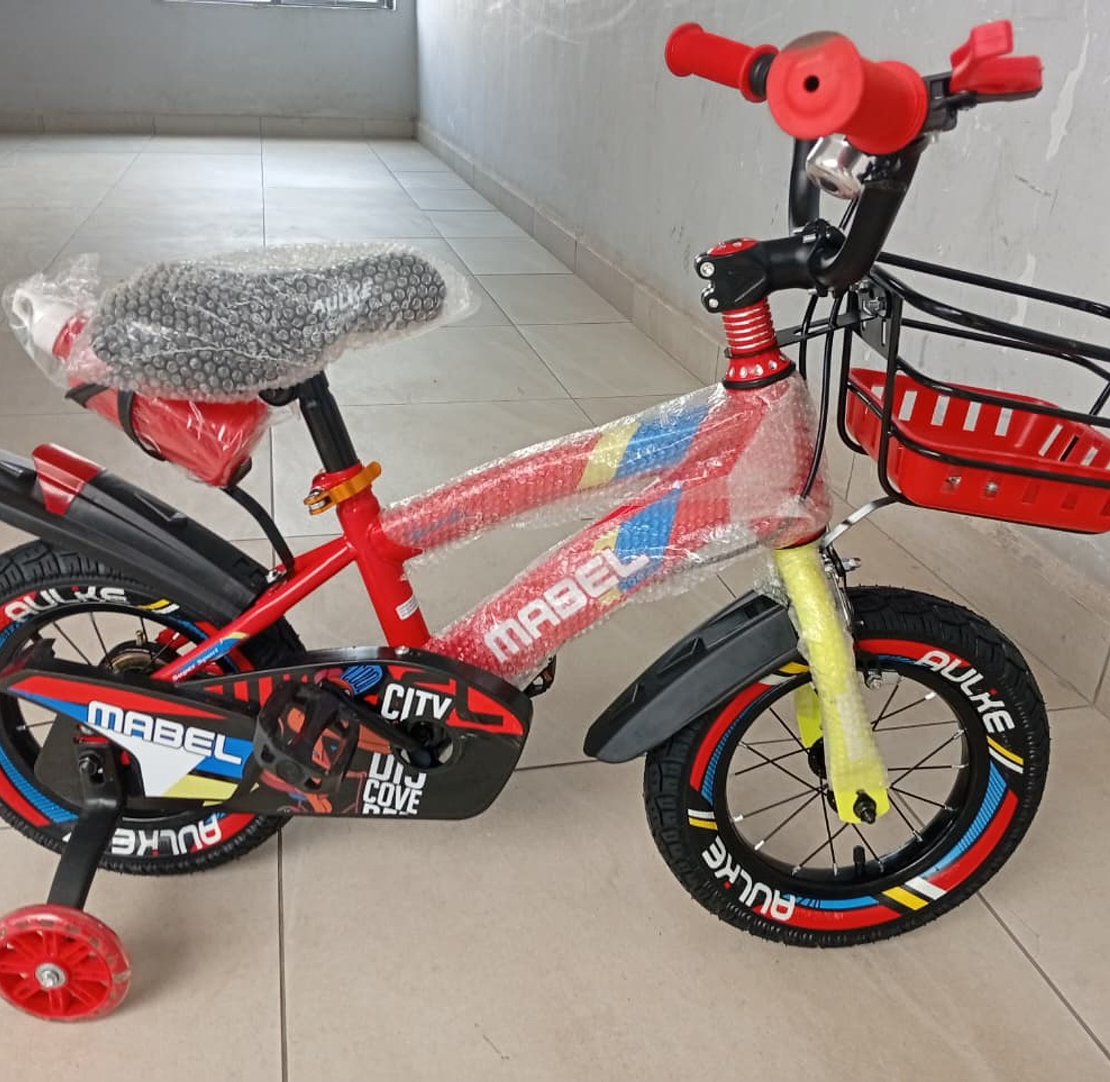 12-Inch Kids Bicycle with Training Wheels, Front Basket & Chain Guard – Blue/Green Children's Bike image