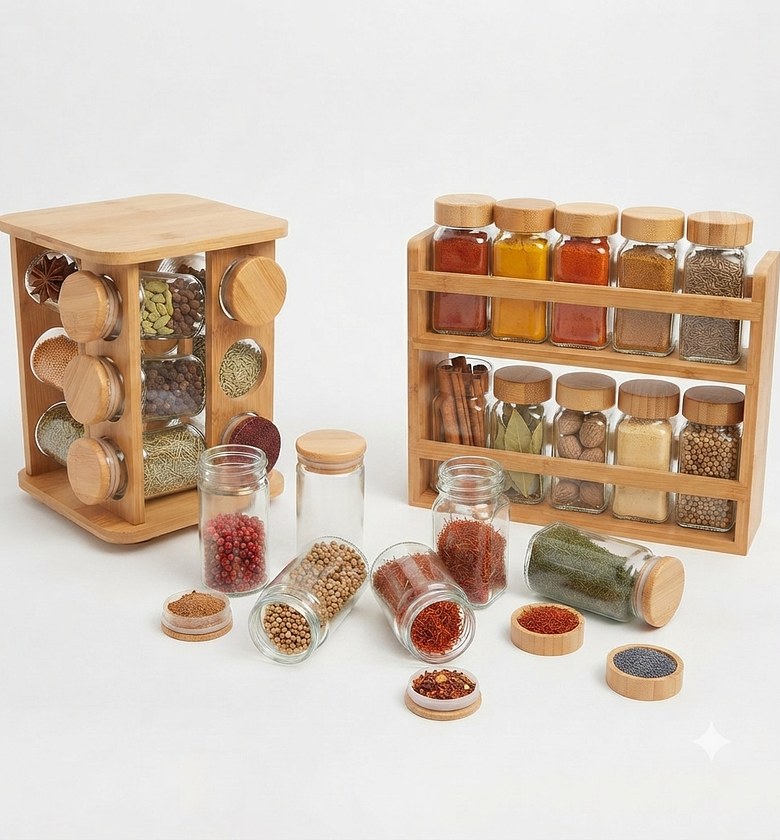 12-Piece Premium Wooden Spice Rack Set with Glass Jars – Modern Kitchen Organizer image