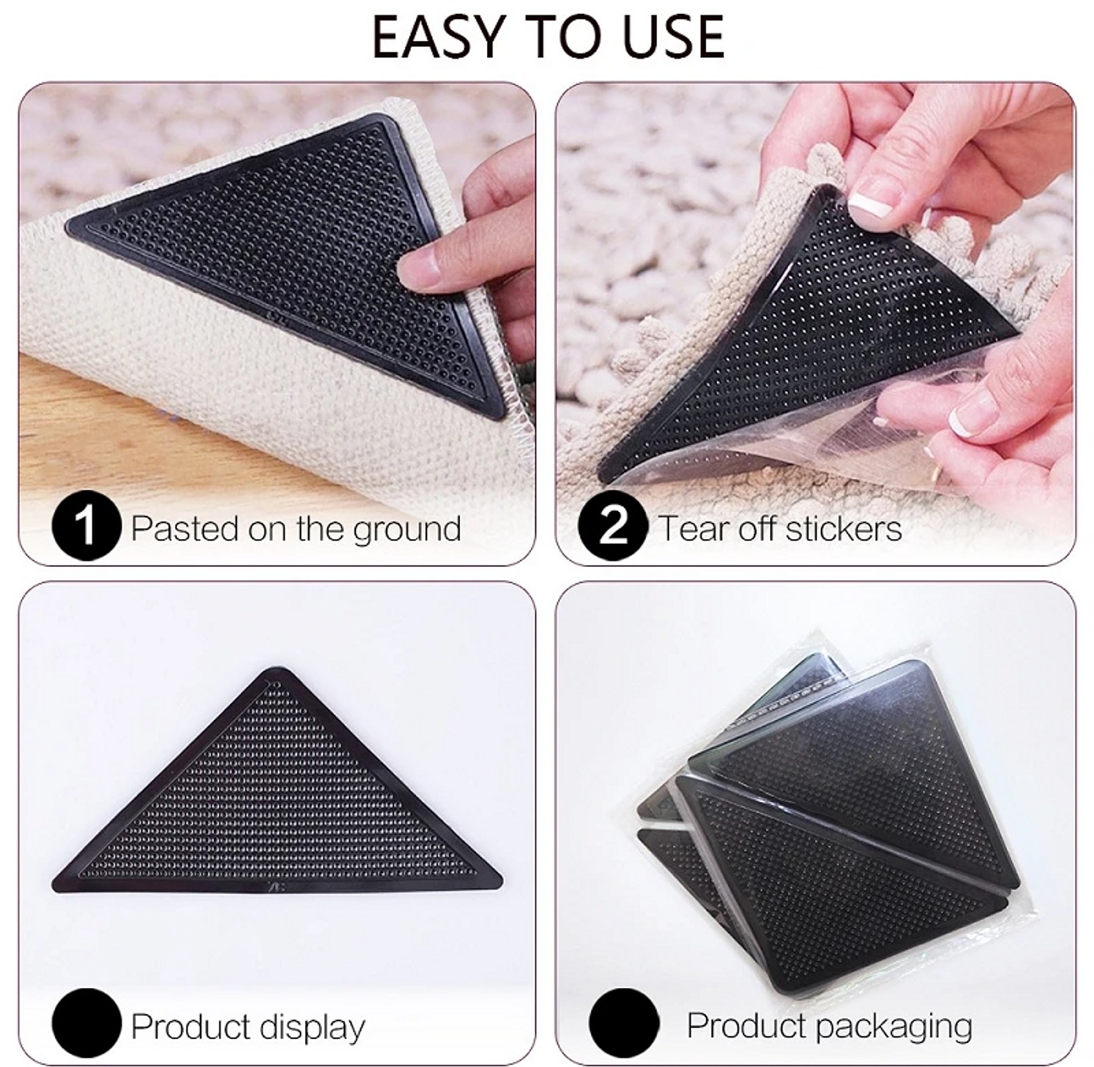 4Pcs Universal Anti-Slip Rug Grippers & Anti-Curling Carpet Corner Pads - Heavy Duty Reusable Silicone Grips for Tiles & Hardwood Floors image