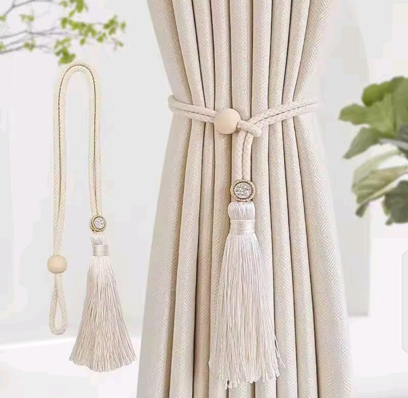 2 Bohemian fashion adjustable cotton cord curtain straps with rhinestone curtain buckles image