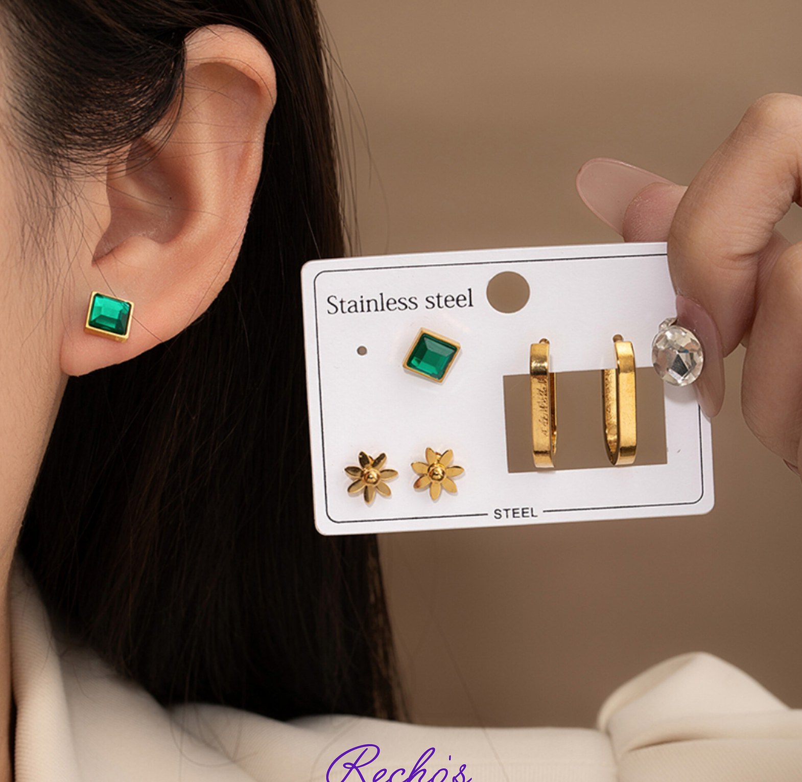 Green stainless earrings sets image