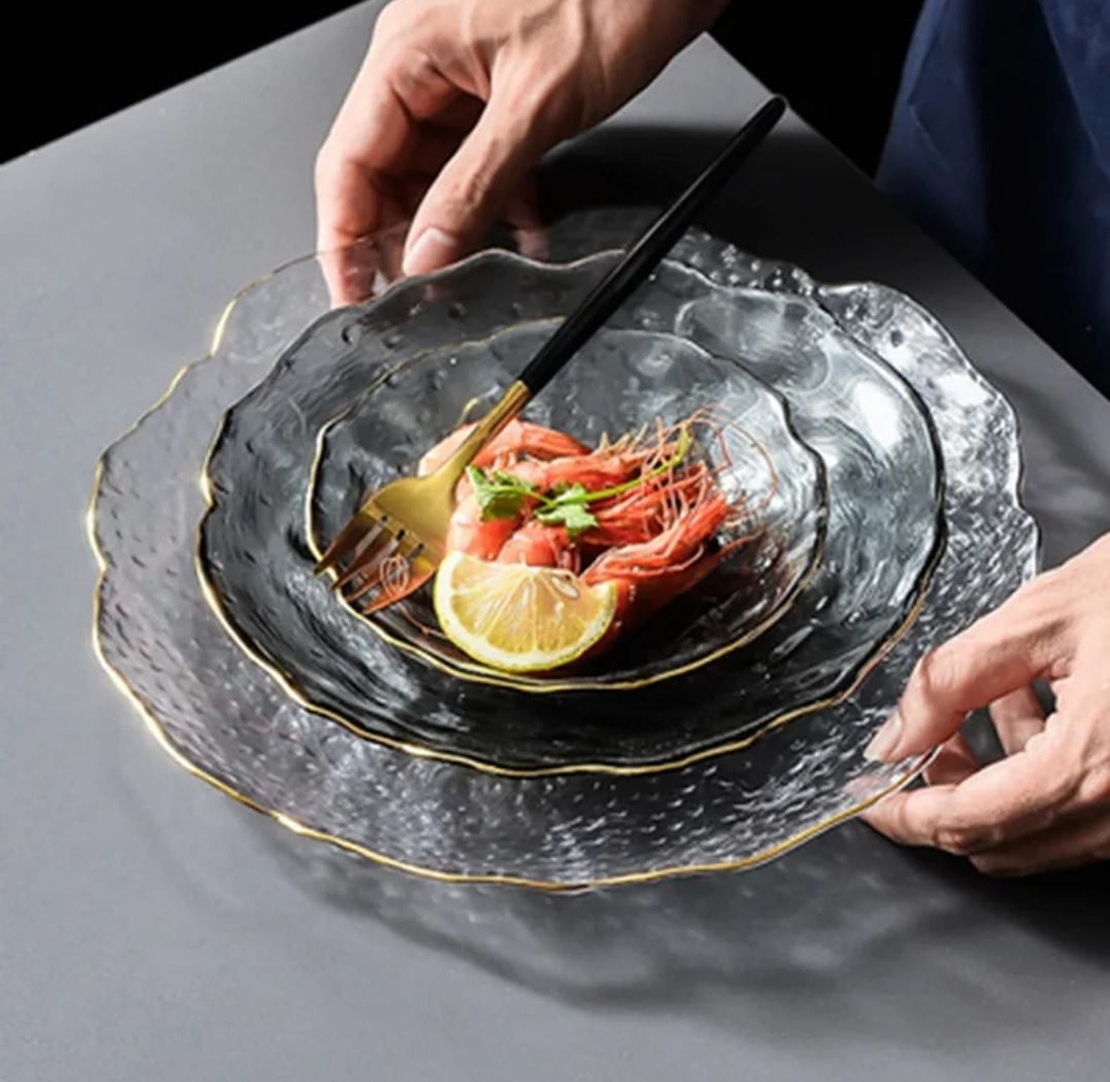  Irregular Glass Dinner Plate & Salad Bowl  3pc Set image