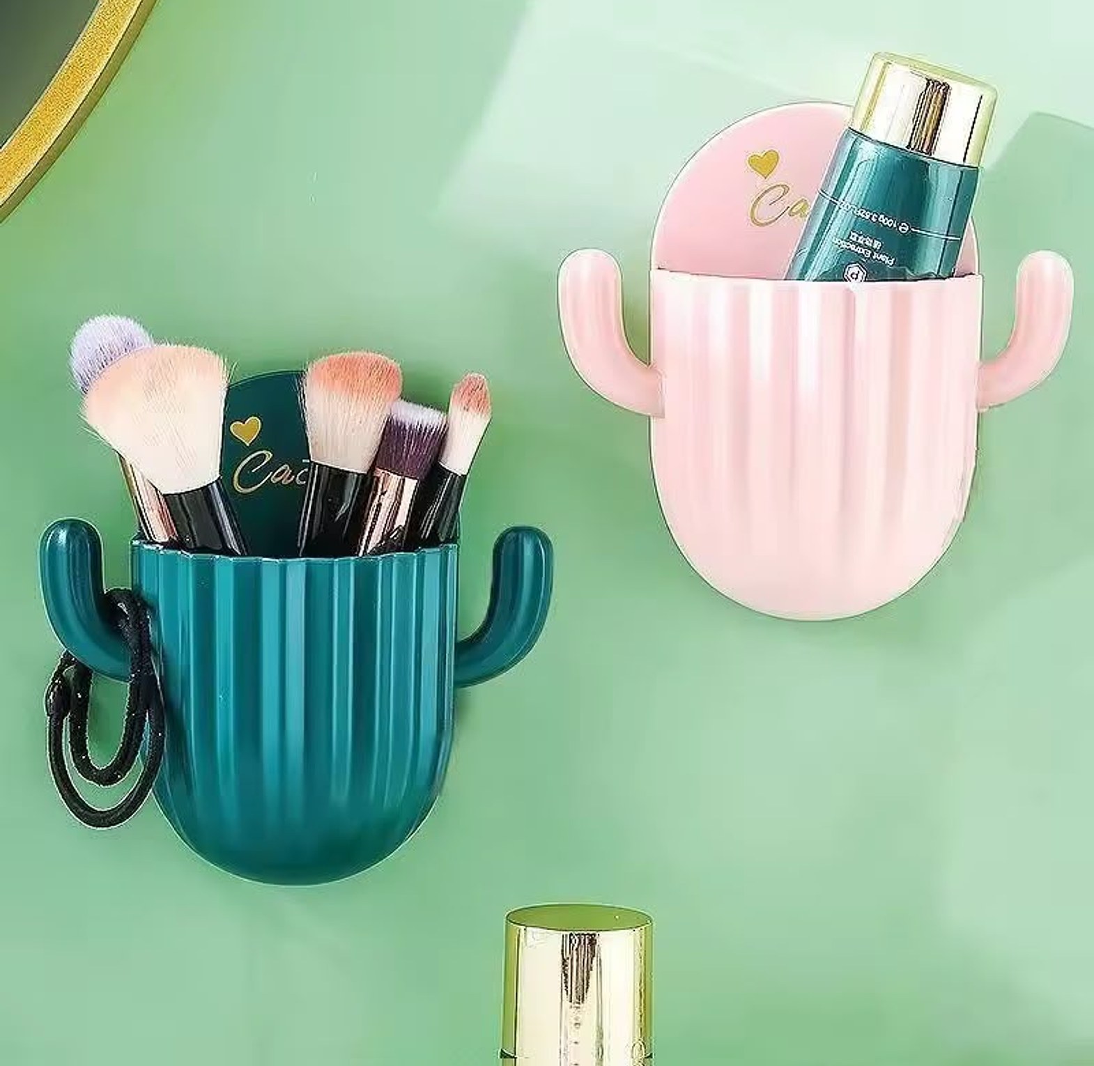 Cactus Wall Mounted Toothbrush Holder and Makeup Brush Organizer Cup with Adhesive Hooks for Bathroom & Vanity Storage image