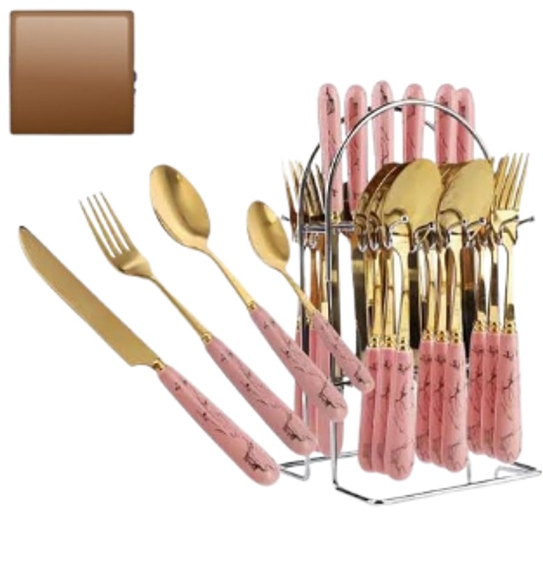  Spoons. 24-Piece Gold Stainless Steel Flatware Set with Pink/Green Ceramic Handles and Storage Stand.  image