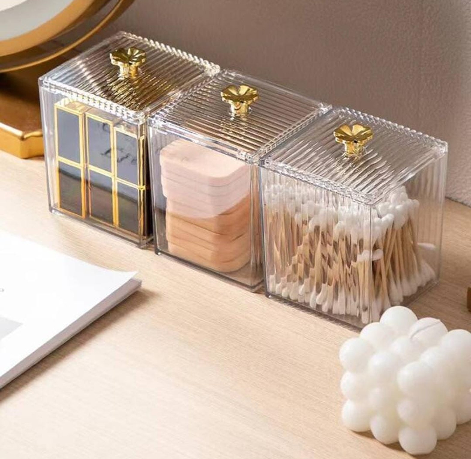 Luxury Ribbed Acrylic Makeup Organizer & Cotton Bud Holder with Gold Flower Lid – Elegant Vanity Storage Box for Home & Salon image