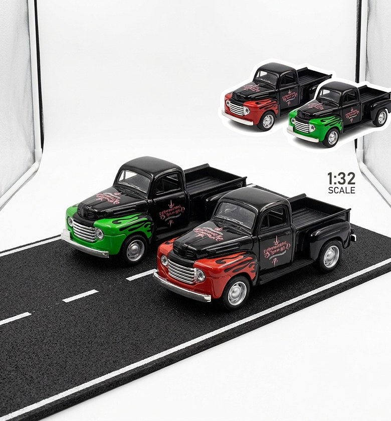 Vintage Die-cast Pickup Truck Toy with Flame Graphics Durable Metal Model Car for Kids and Collectors image
