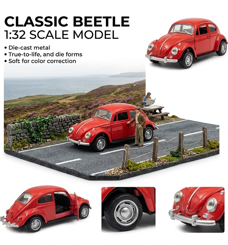 Classic Volkswagen Beetle Die-cast Metal Toy Car with Opening Doors & Pull-back Action - Red Vintage VW Bug Model image