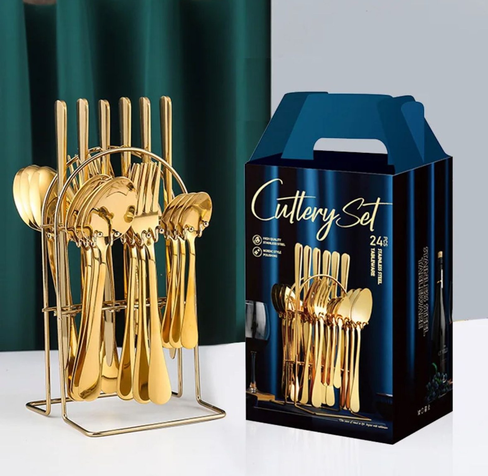 24 PC SPOONS. Steel Dinnerware Silverware Cutlery Spoon Fork 24 Pcs Set Golden image