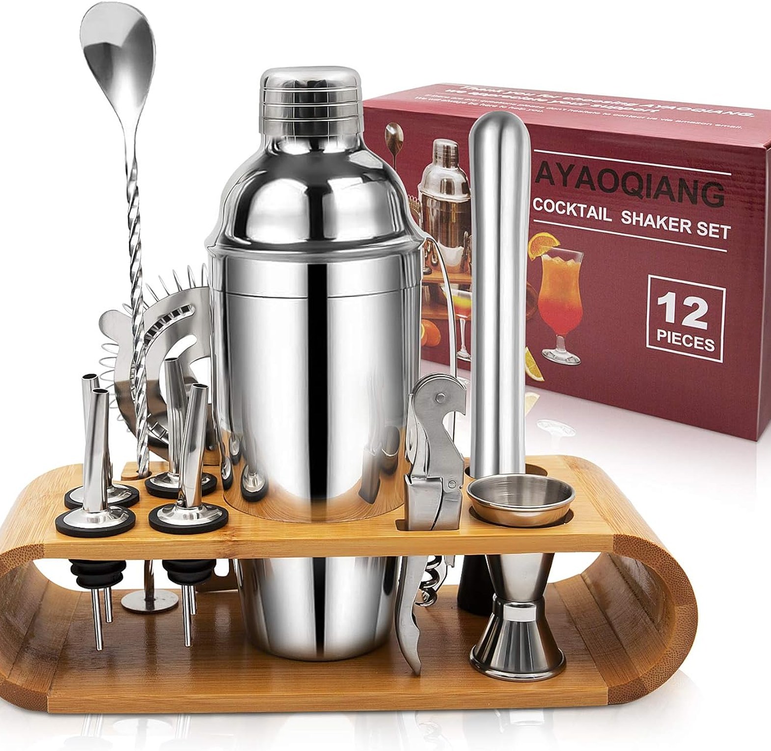 12-Piece Stainless Steel Cocktail Bar Set with Bamboo Stand image