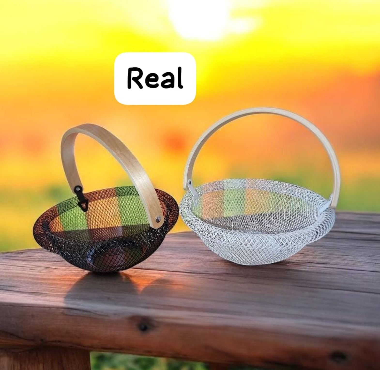29cm Metal Mesh Fruit Basket with Bamboo Handle – Breathable Kitchen Countertop Organizer & Decorative Centerpiece Bowl image
