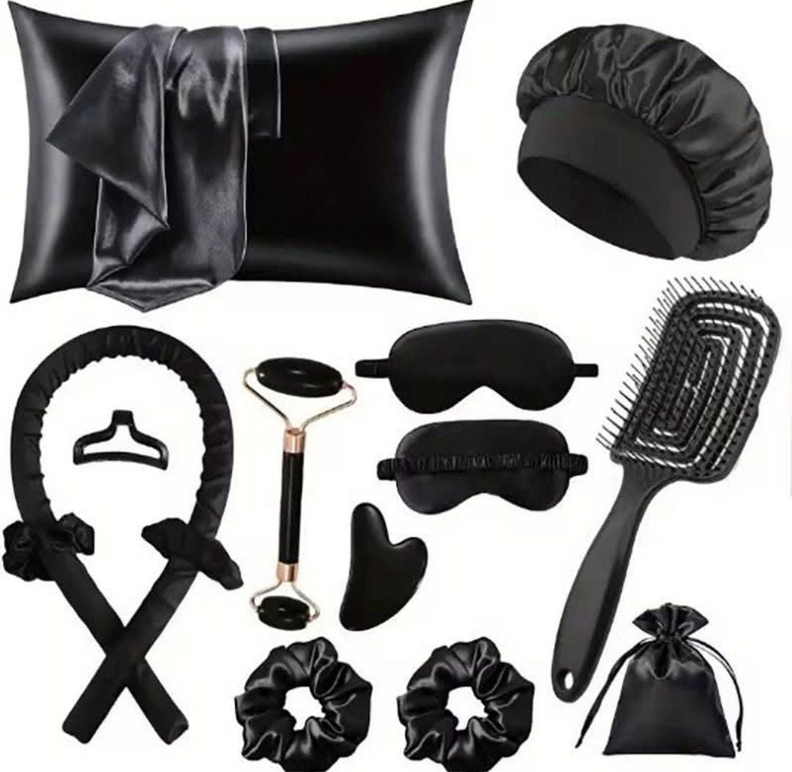 12-Piece Premium Silk Satin Pillowcase Bonnet Heatless Hair Curler & Jade Roller Beauty Care Set  image