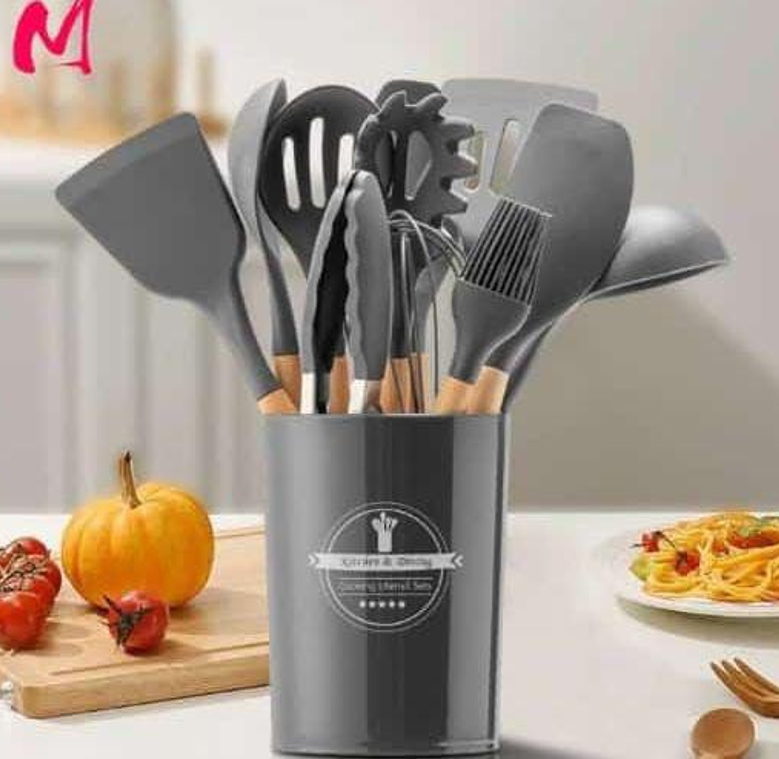 Silicone Spoons. 12pc Silicone Non-Stick Cooking Spoon Set With Holder image
