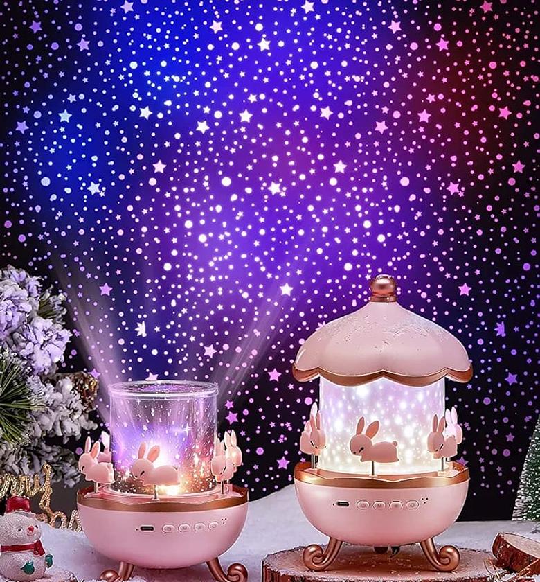 Bunny Carousel Night Light Projector 360 Rotating Kids Bedside Lamp Nursery Light with Interchangeable Projection Films image