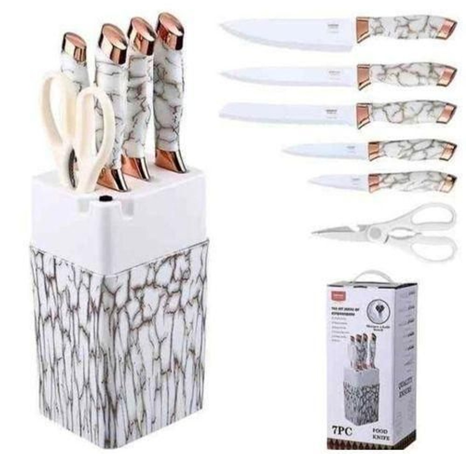 Marble 7pcs Professional CHEF KNIFE SET with Block and Ergonomic Handle and KITCHEN SCISSORS image