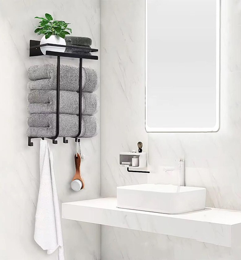 Multifunctional bathroom towel holder with metal shelf and 5 hooks image