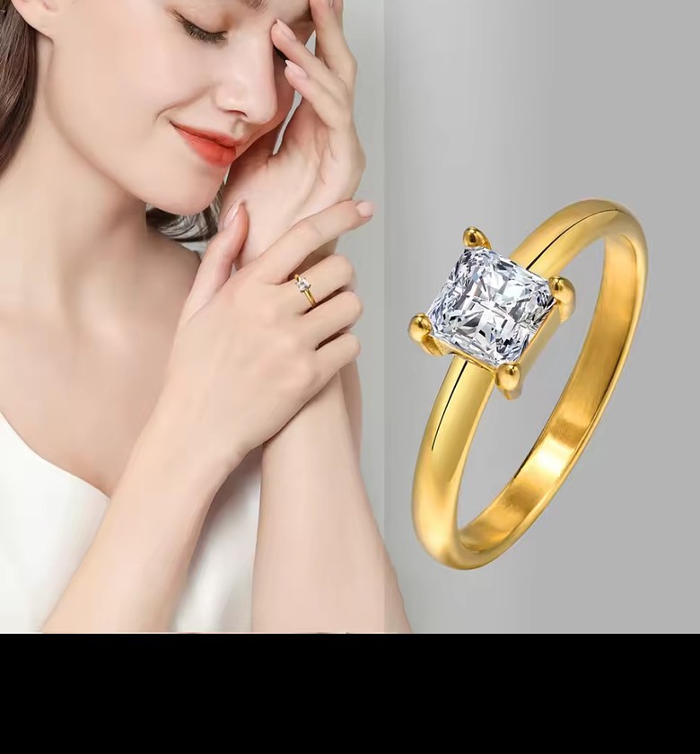 Square gold plated stainless steel cubic zirconia engagement ring  image