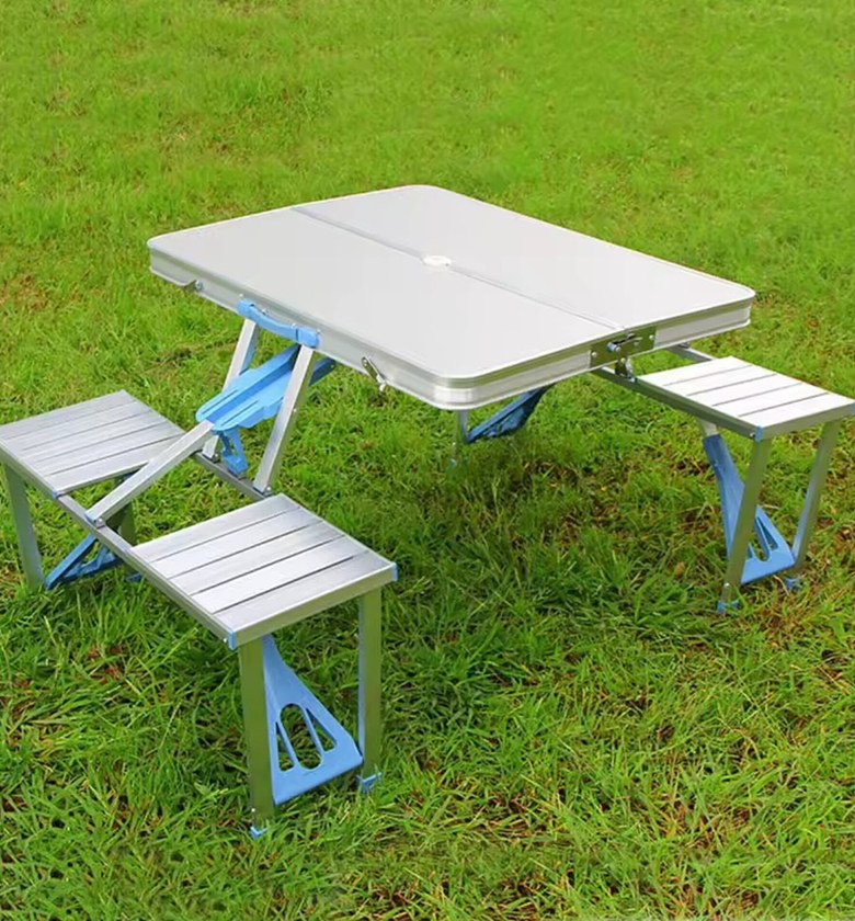 Portable Foldable Aluminum Picnic Table Set with 4 Built-In Seats, Heavy Duty Compact Camping Suitcase Table image