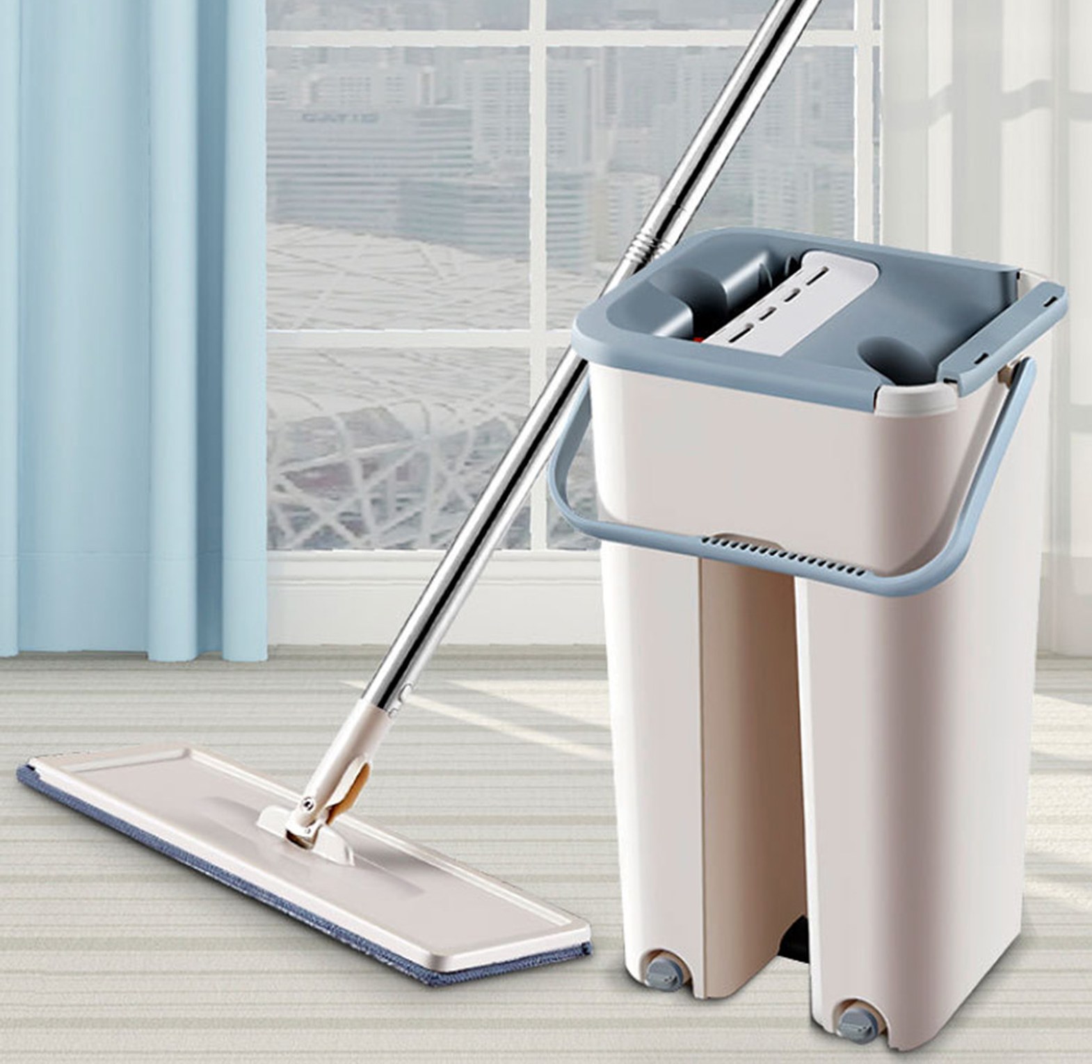 Hands-Free Flat Squeeze Mop and Bucket Set Self Wringing Microfiber Floor Cleaner for Tiled and Wooden Houses image