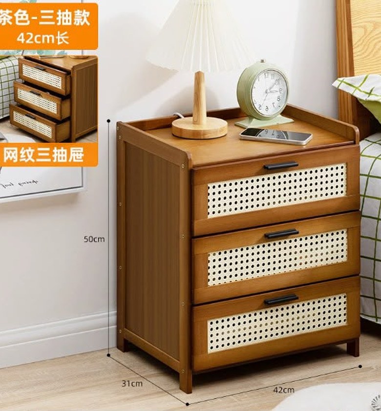 Modern 3 Drawer Wooden Bedside Cabinet Rattan Design Compact Bedroom Storage image