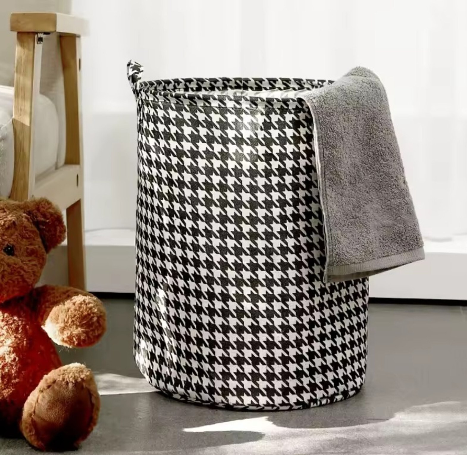 Foldable Aesthetic Laundry Basket & Houndstooth Toy Storage Organizer Hamper for Modern Homes image