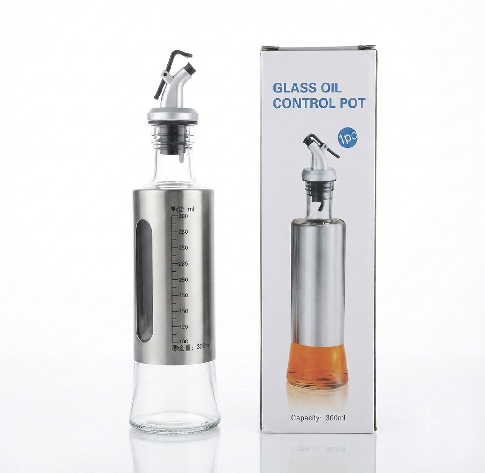 Glass Oil Dispenser with Measurement Scale 300ml Stainless Steel Kitchen Oil Control Pot for Healthy Cooking image