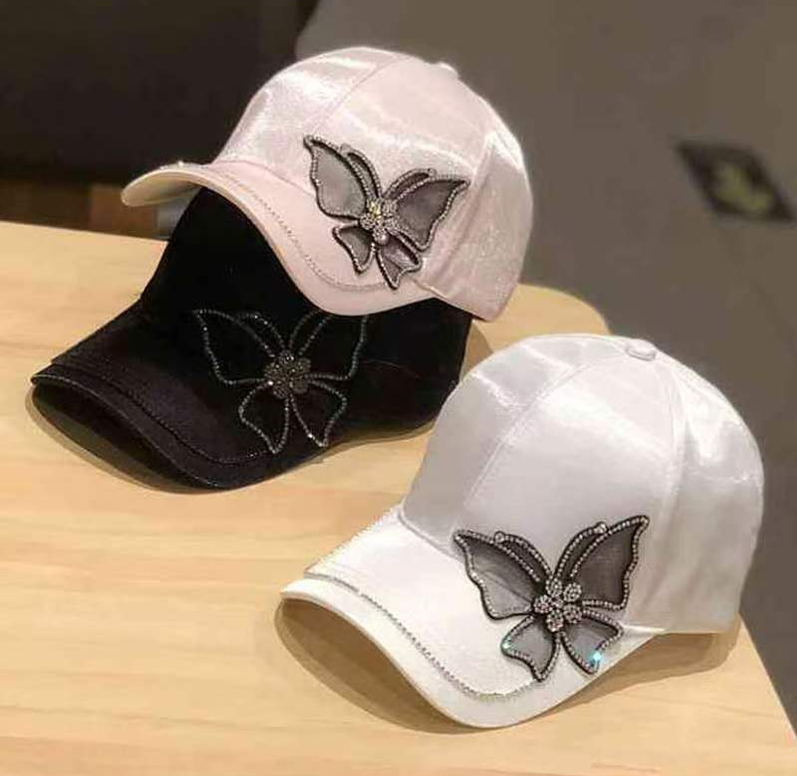 Women’s Silk Satin Rhinestone Butterfly Baseball Cap image