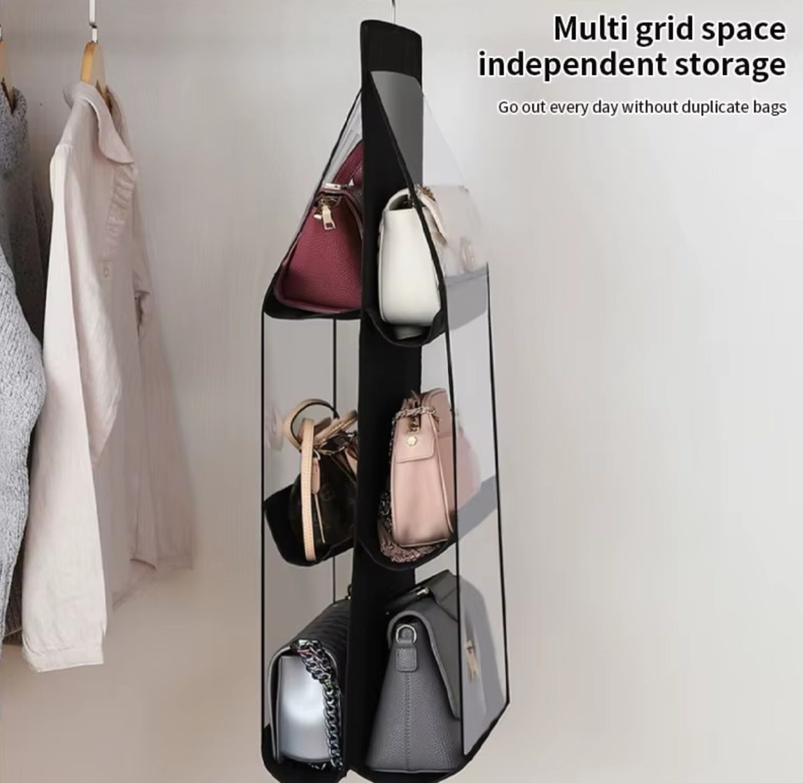 6-Pocket Hanging Handbag Organizer & Wardrobe Space Saver - Clear Dust-Proof Bag Storage Holder image