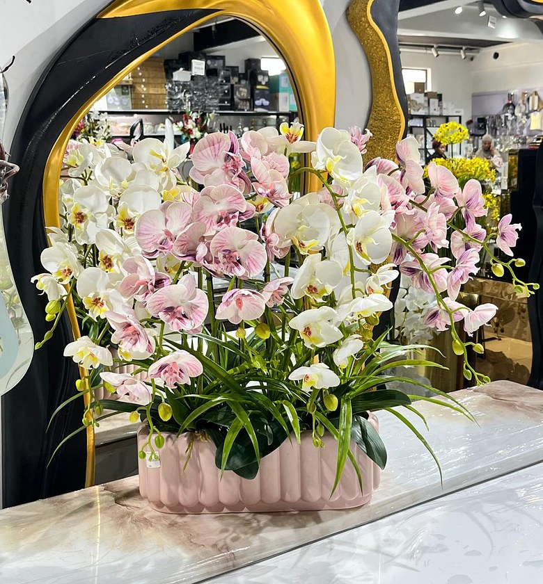 Pink Orchid Arrangement in Ribbed Pink Vase image