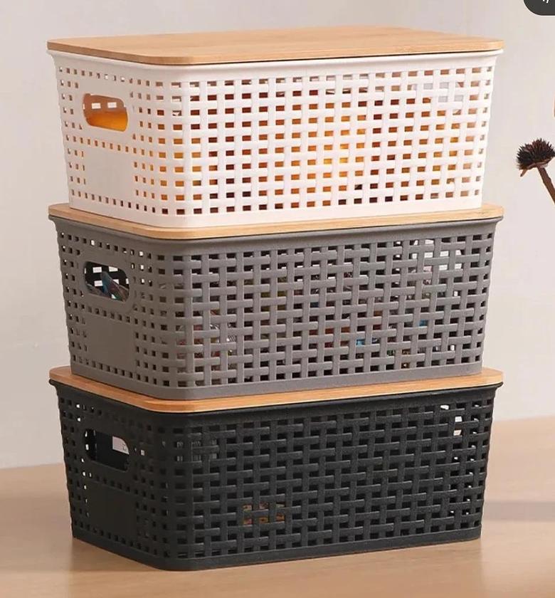 Plastic multipurpose organising basket with bamboo lid image