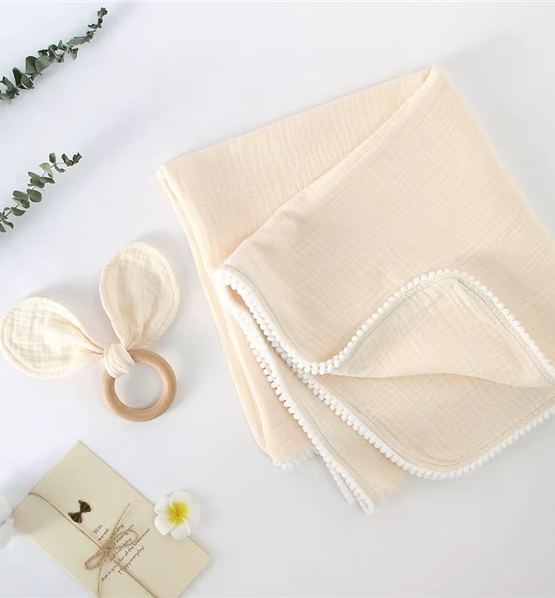Muslin Pompom Blanket + Wooden Teether image