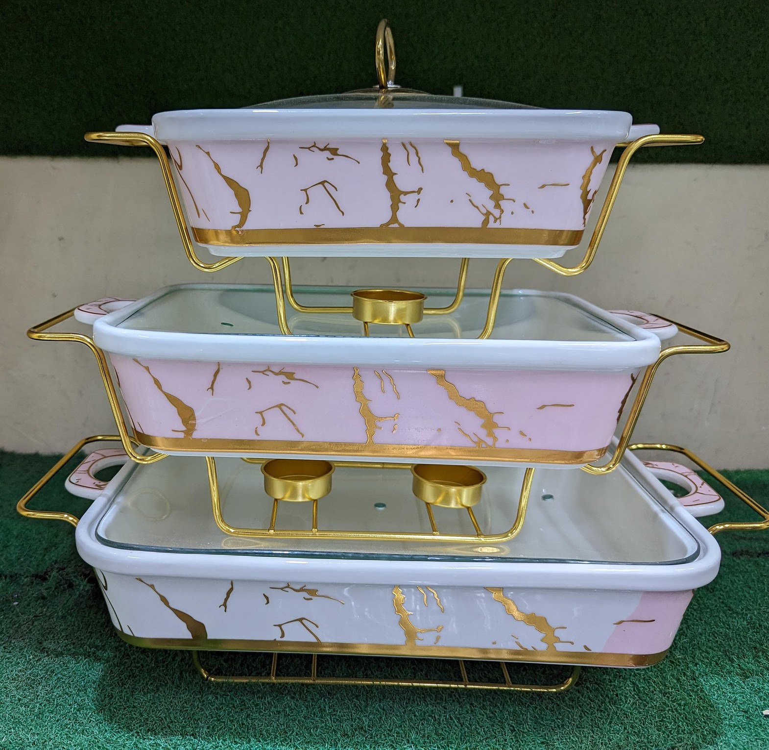 3pc Ceramic Chaffing Dish With Gold  image