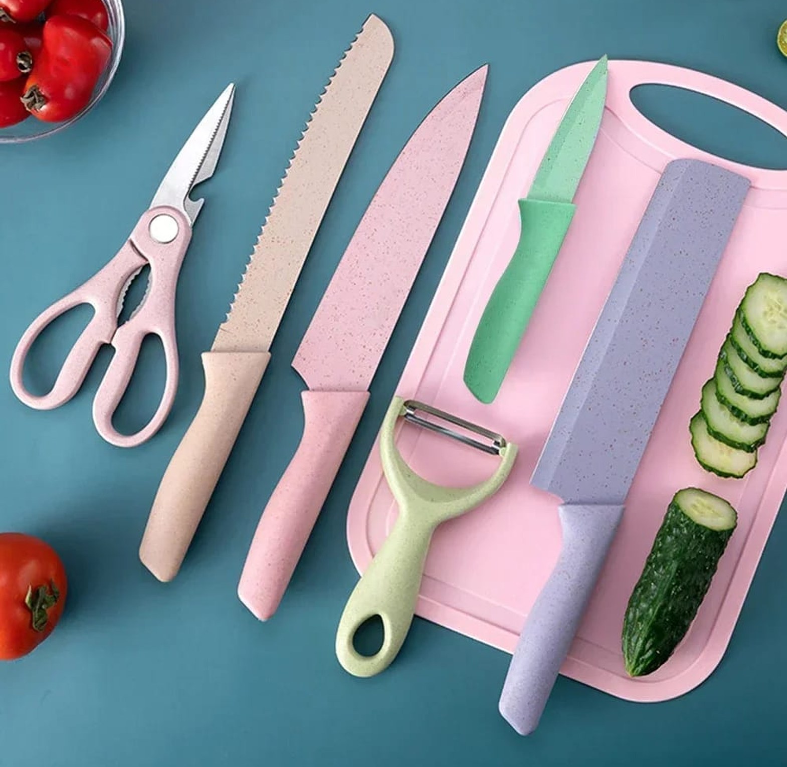 Six-piece macaroon-colored stainless steel knife set image