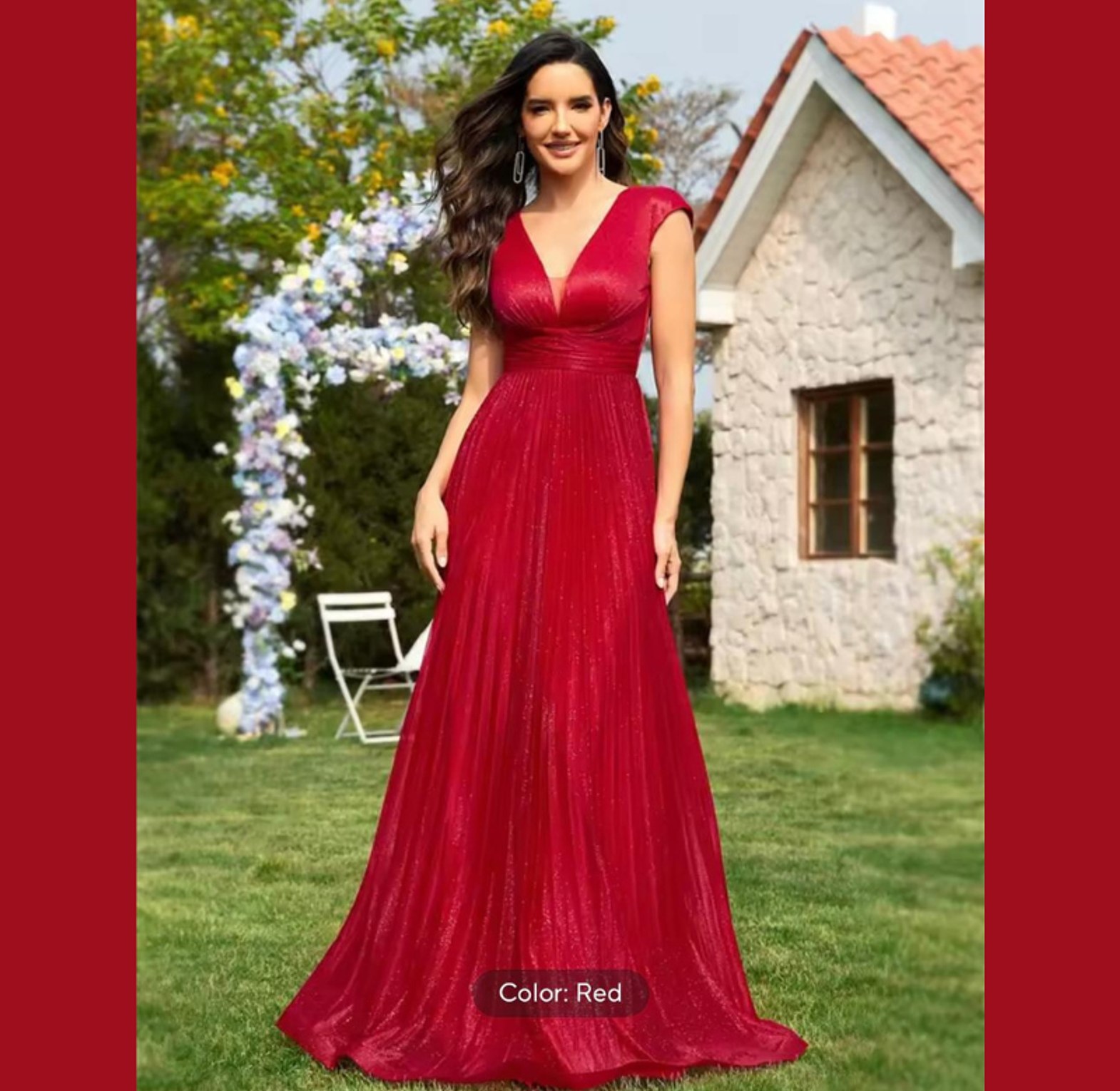 Scarlet Shimmer Pleated V-Neck Gown image