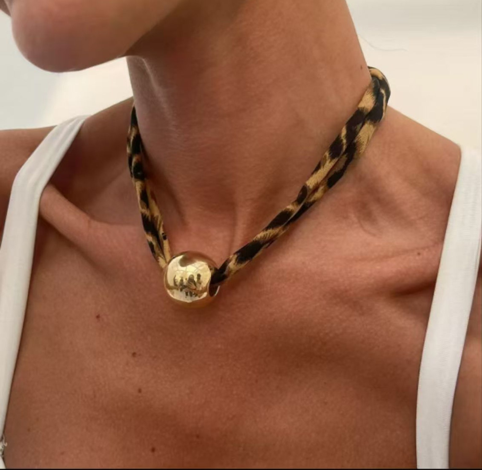 Golden Hammered Disc Pendant with Leopard Print Chain Necklace image