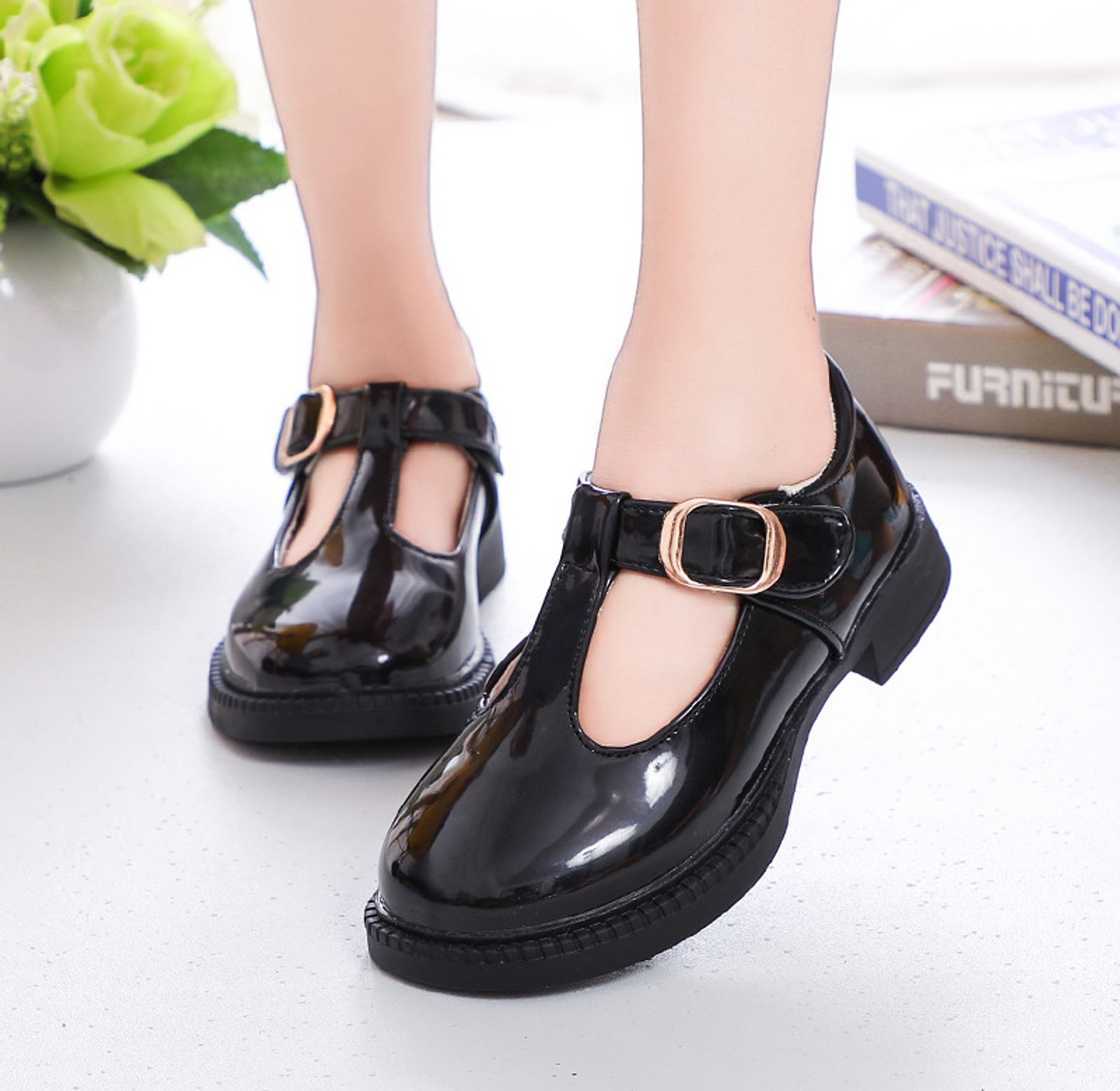 girls school shoes gold buckle wet look image