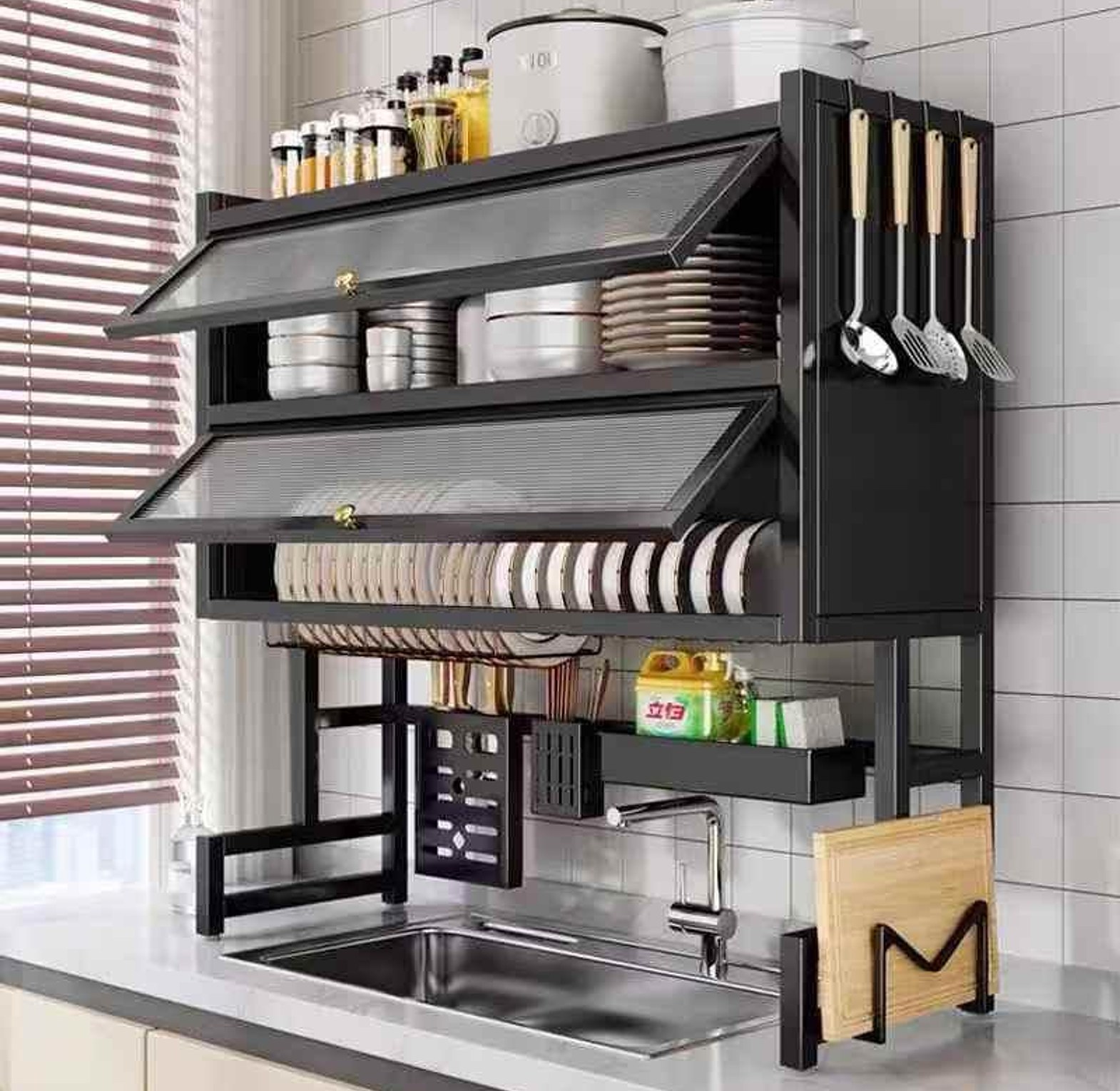 2-Layer Over-the-Sink Dish Rack with Acrylic Glass Cover (65cm) image