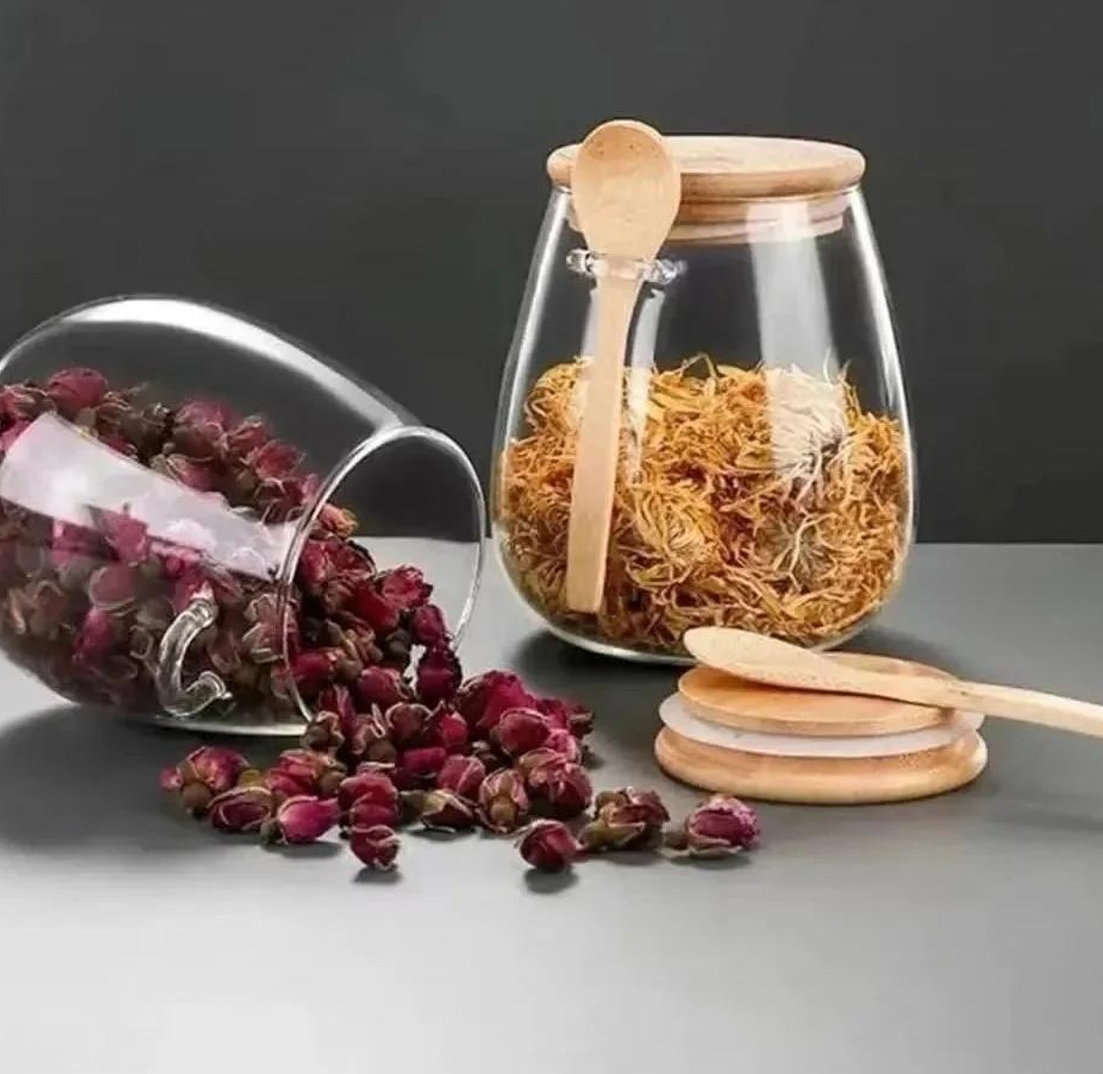 Glass storage canisters with bamboo spoon & airtight lid  Capacity:600ml image