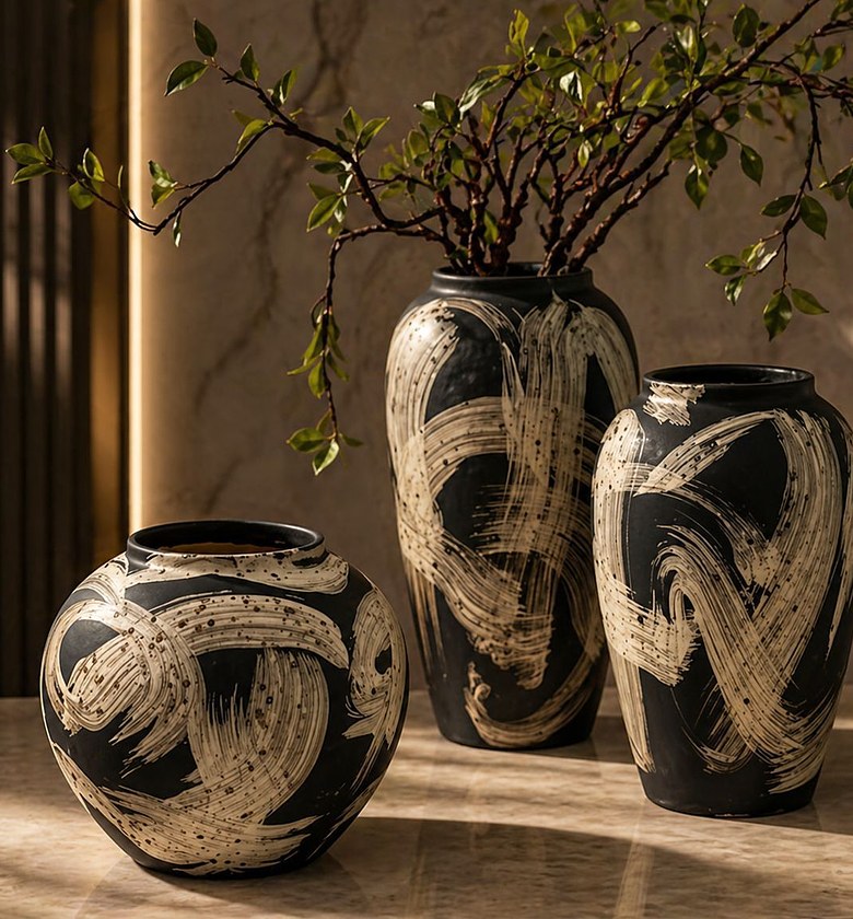 Artistic Black & White Decorative Vase Set (BSL-20, 3-Piece Modern Collection) image