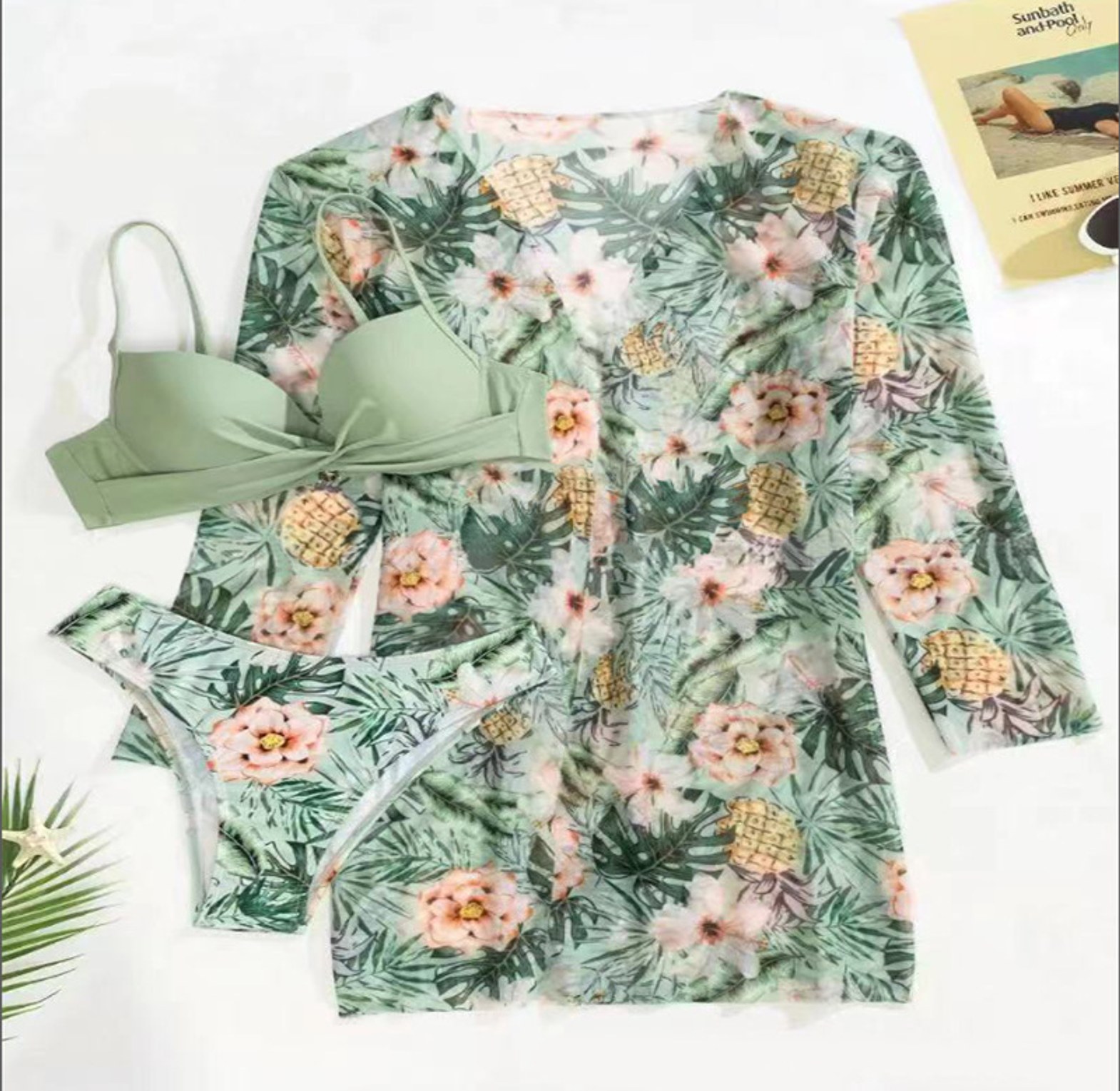 3pack Plant Print Push Up Bikini Swimsuit & Kimono image