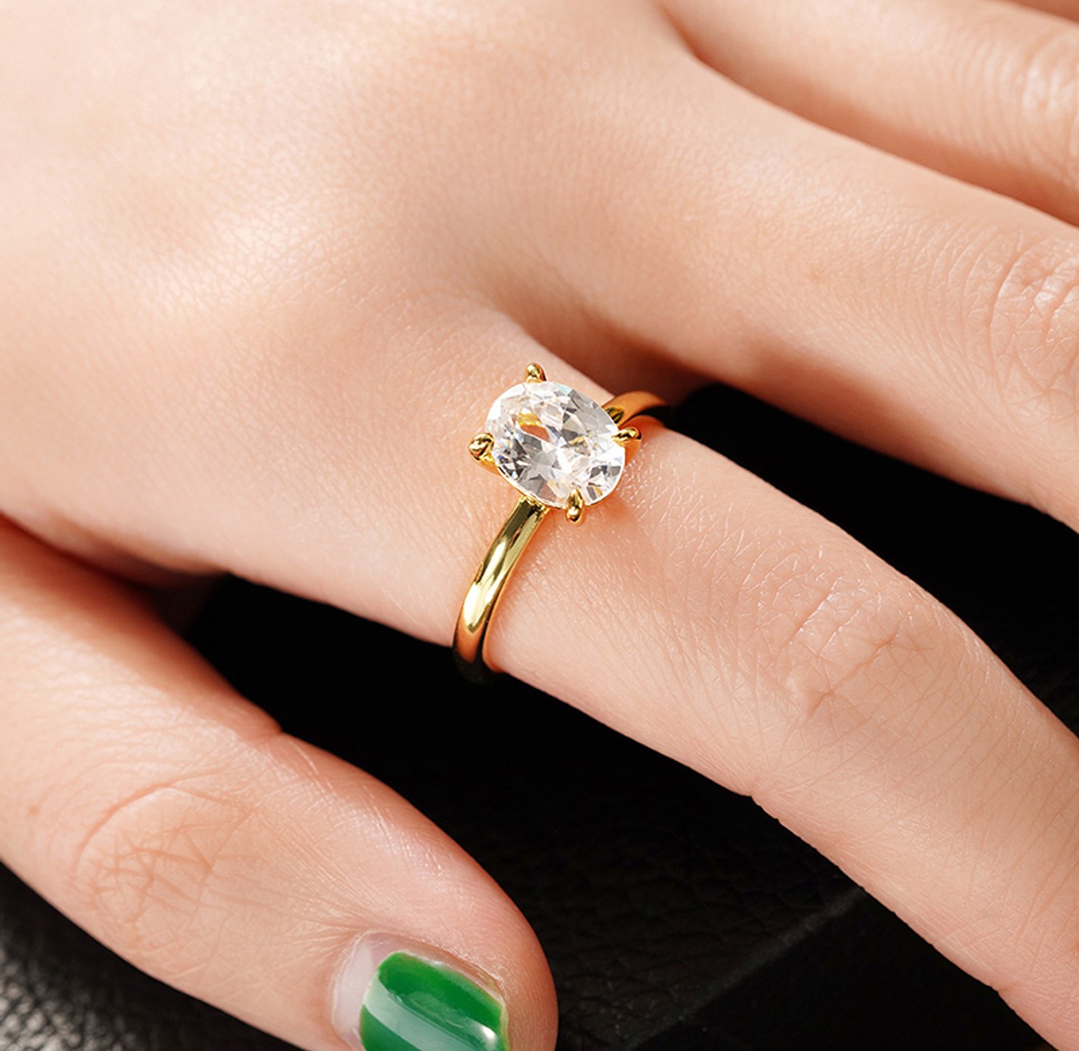 Oval gold plated stainless steel cubic zirconia engagement ring  image