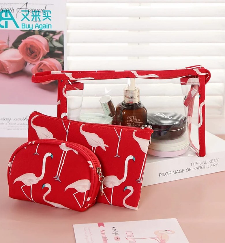 3-in-1 Transparent Flamingo Travel Makeup Bag Set image