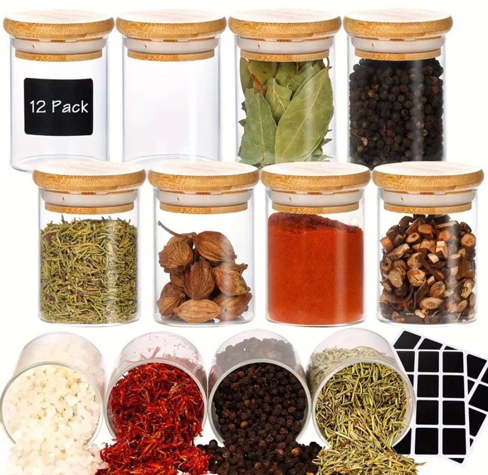 12Pcs Glass Storage Jars Set with Bamboo Lids & Labels - Premium Airtight Pantry Organizers image
