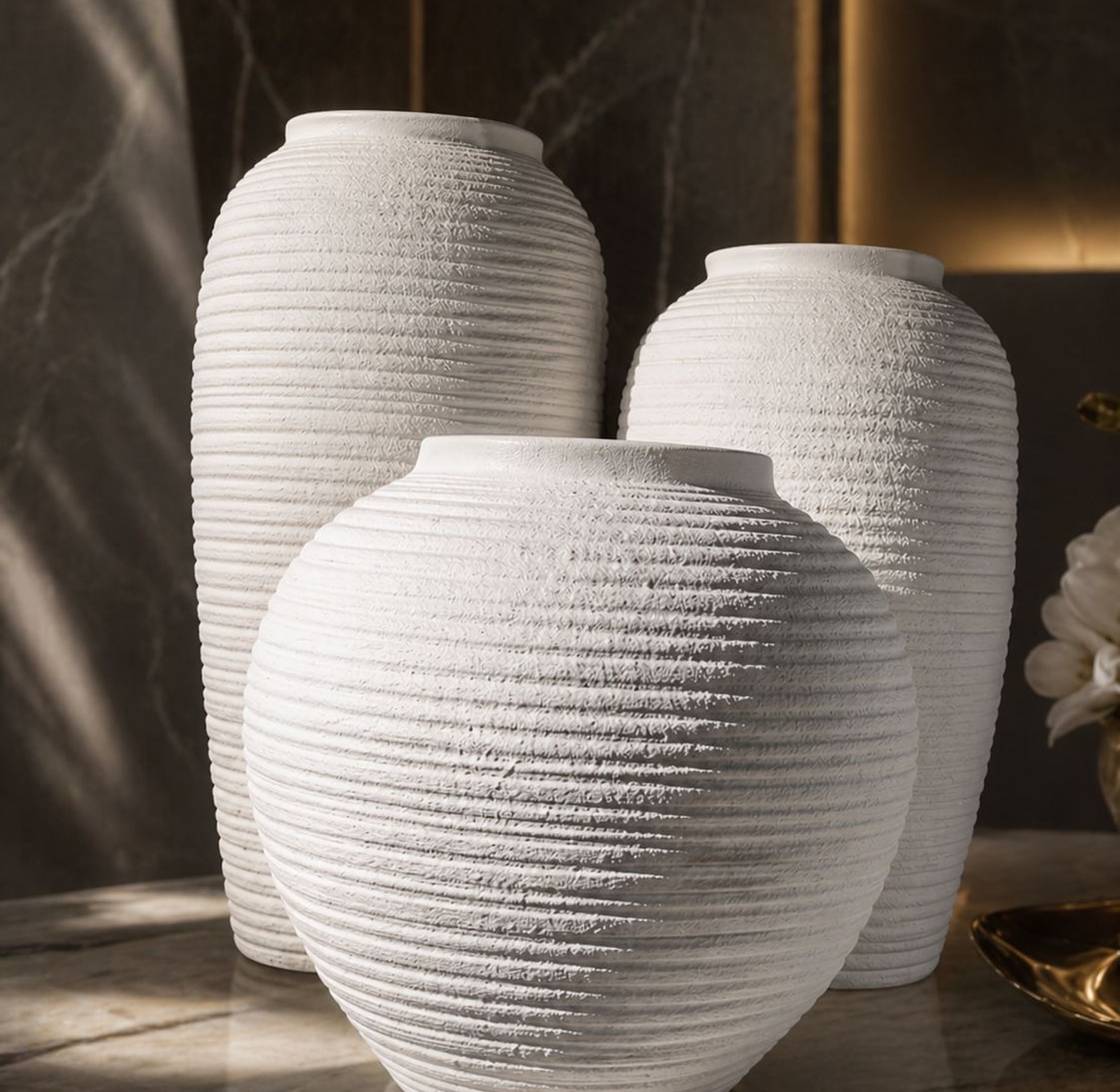White Spiral Textured Decorative Vase Set (3-Piece Modern Matte Collection) image