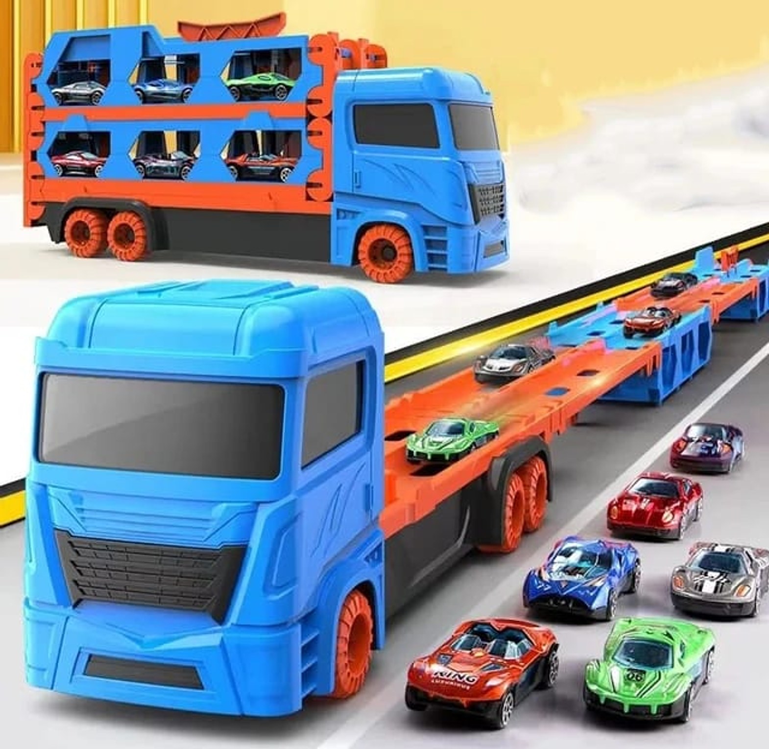 KIDS TRUCK. High Quality 160 cm long container truck with 6 die cast small cars Now Available Ideal Kids Gift image