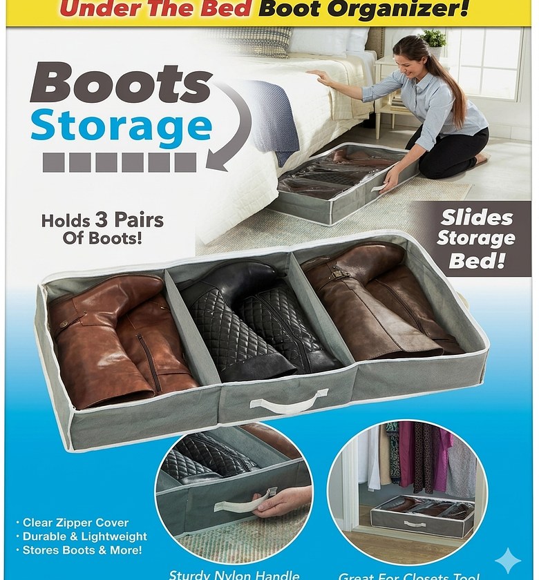 Under Bed Boot Organizer & Shoe Storage Box with Clear Zipper Cover - Holds 3 Pairs, Durable Nylon Handle, Space Saving Home Solution image