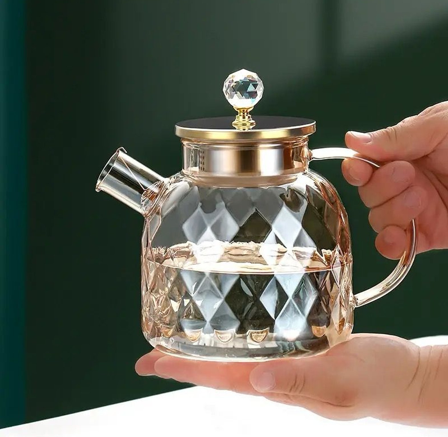 Champagne Color Diamond Texture Surface Glass Kettle Heat-resistant Thicken Glass Household Juice Flower Teapot Nordic  image