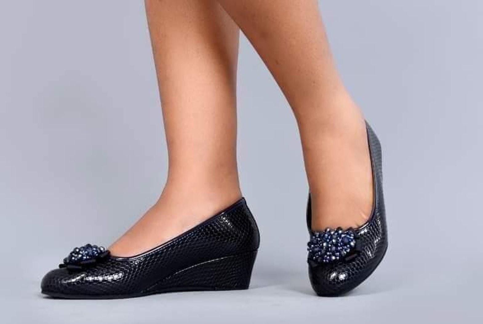Turkish Pure Leather Navy Blue Wedge Shoes image